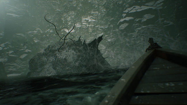 怪魚の潜む人造湖。水面から出た鰭が、その巨体を想像させる。
