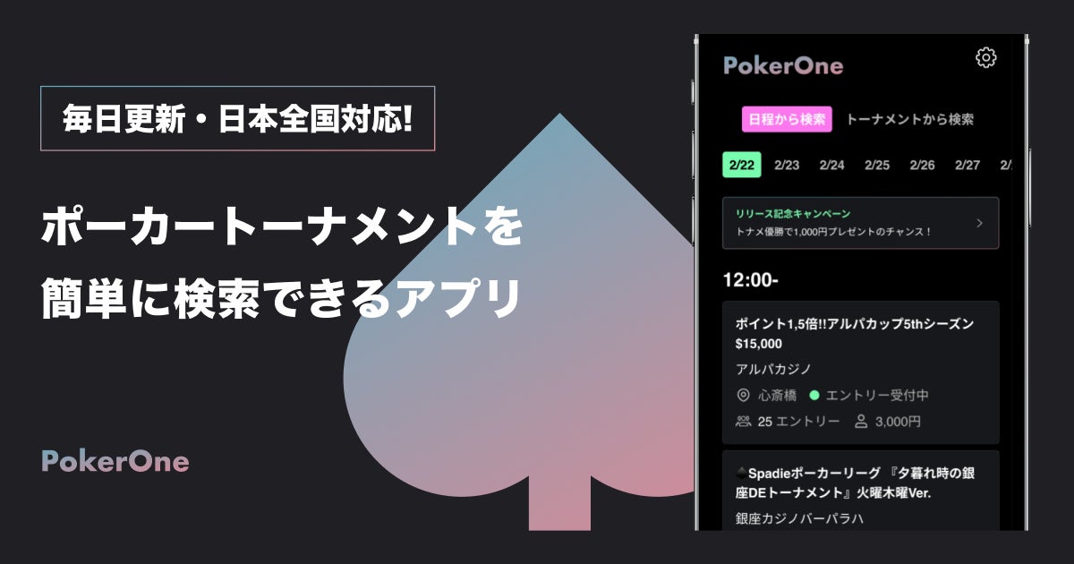 ONE株式会社、トナメ検索アプリ「PokerOne」を株式会社デックに事業譲渡したことを発表。