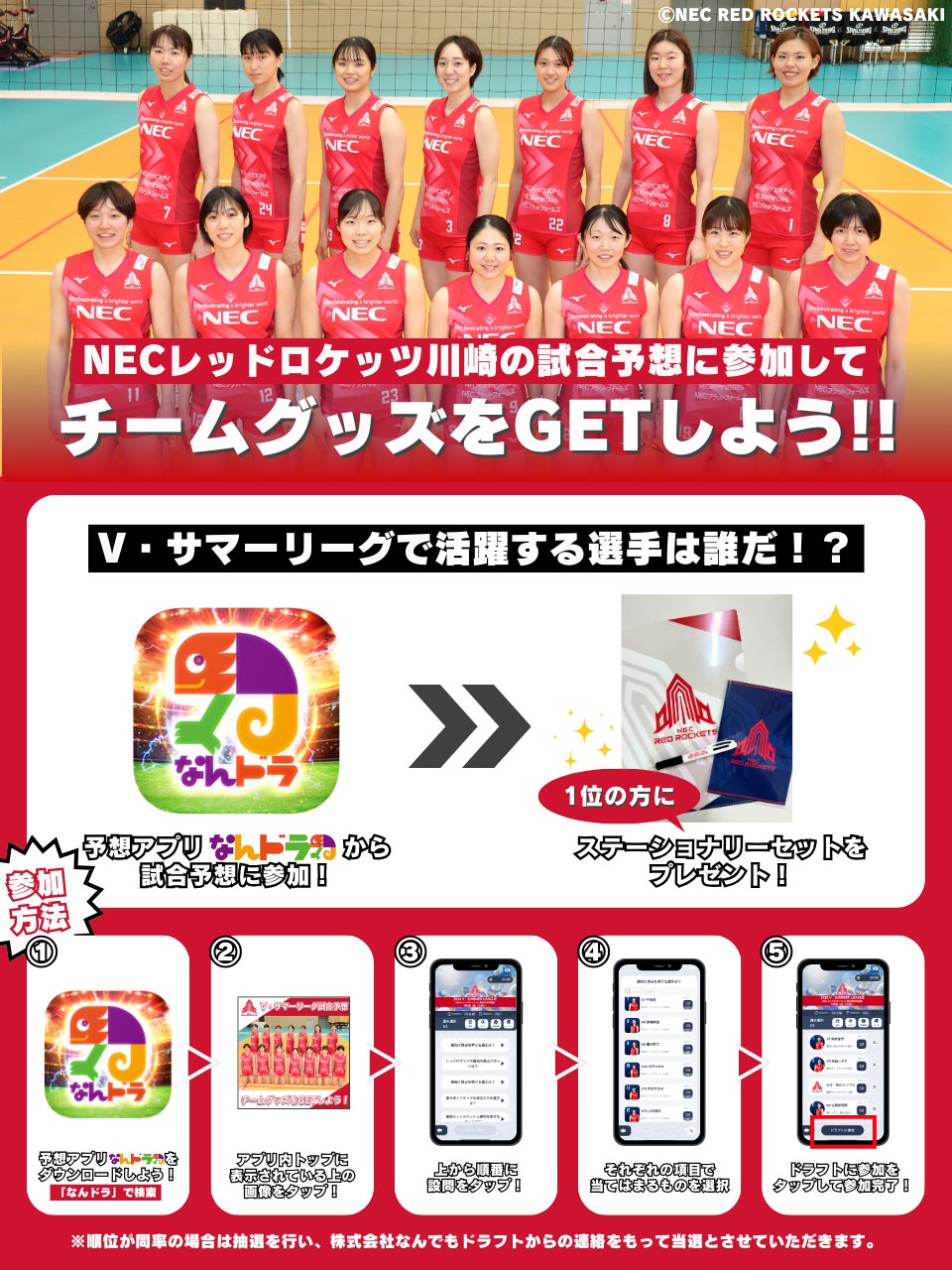 スポーツ予想アプリ「なんドラ」、2024 V・サマーリーグ女子東部大会のNECレッドロケッツ川崎の試合展開予想を開催