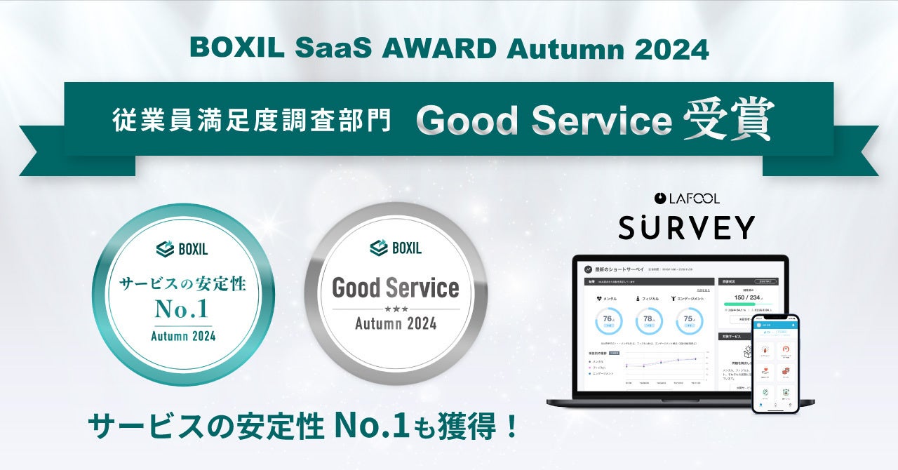 ラフールサーベイ、「BOXIL SaaS AWARD Autumn 2024」従業員満足度調査部門で「Good Service」、「サービスの安定性No.1」に選出