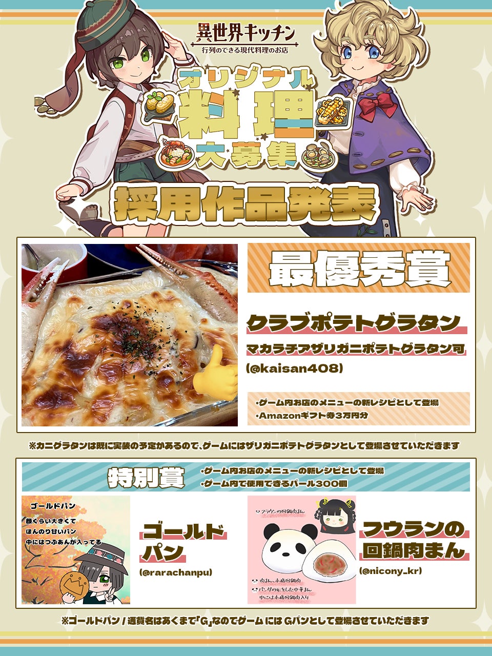 『異世界キッチン 行列のできる現代料理のお店』オリジナル料理大募集採用作品発表のお知らせ