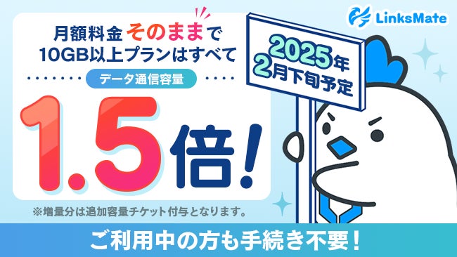 MVNOサービス「LinksMate（リンクスメイト）」2025年より10GB以上のプランにて月額料金そのままにデータ通信容量を増量！