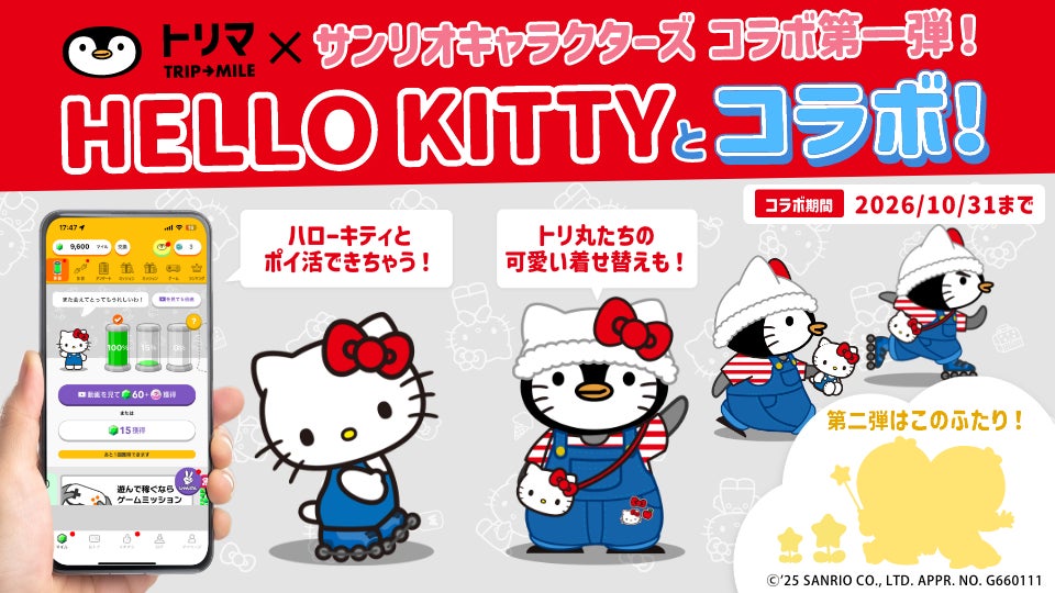 移動でポイントが貯まるアプリ「トリマ」、サンリオキャラクターズとのコラボレーション企画を開始