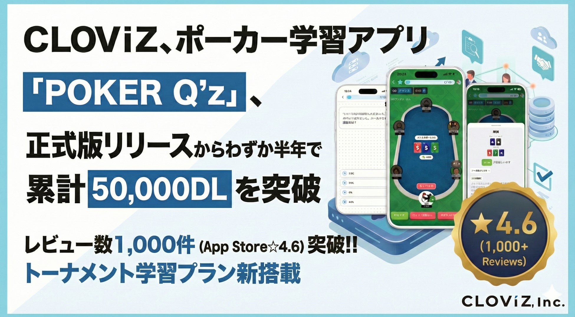 CLOViZ、ポーカー学習アプリ『POKER Q’z』、正式版リリースからわずか半年で累計50,000DLを突破