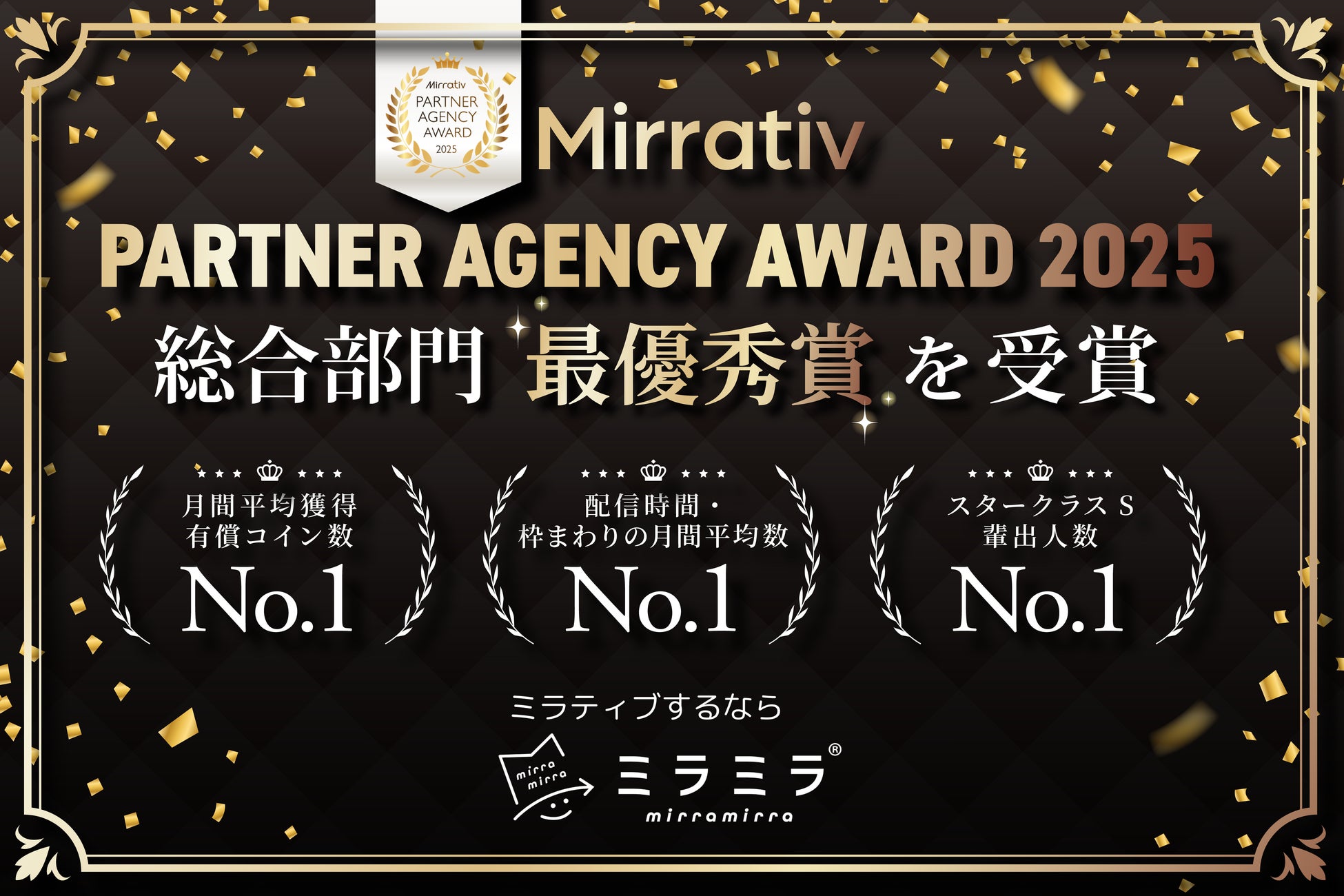 ミラティブパートナー事務所「ミラミラ」が「Mirrativ PARTNER AGENCY AWARD 2025」にて総合部門「最優秀賞」を受賞！最上位ランク「プラチナ」パートナー事務所に