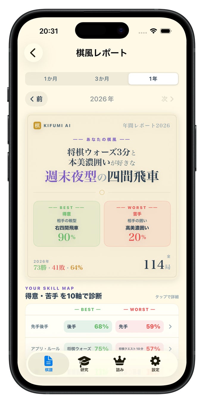 スマホ完結のオンデバイス将棋AI解析アプリ「きふみAI」、棋風レポートを搭載した v9 を公開