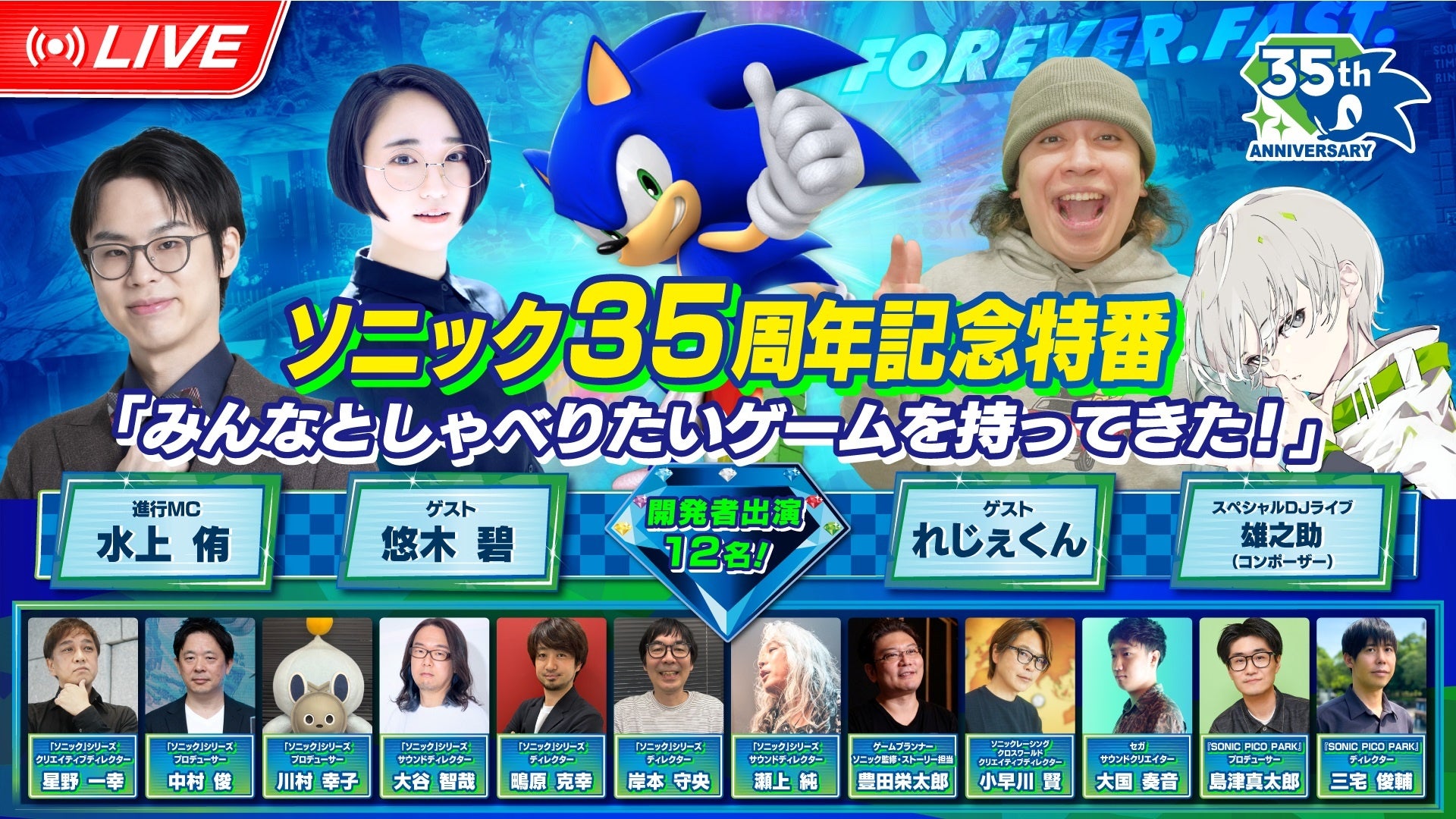 「ソニック」シリーズ35周年記念特番「みんなとしゃべりたいゲームを持ってきた！」6月24日（水）19時より配信！豪華ゲストとシリーズ開発者12名が出演！