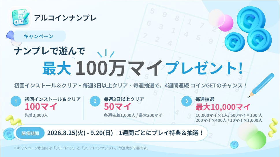 クリア＆抽選でコインを最大100万マイプレゼント！スマホアプリ「アルコインナンプレ」でキャンペーンを実施